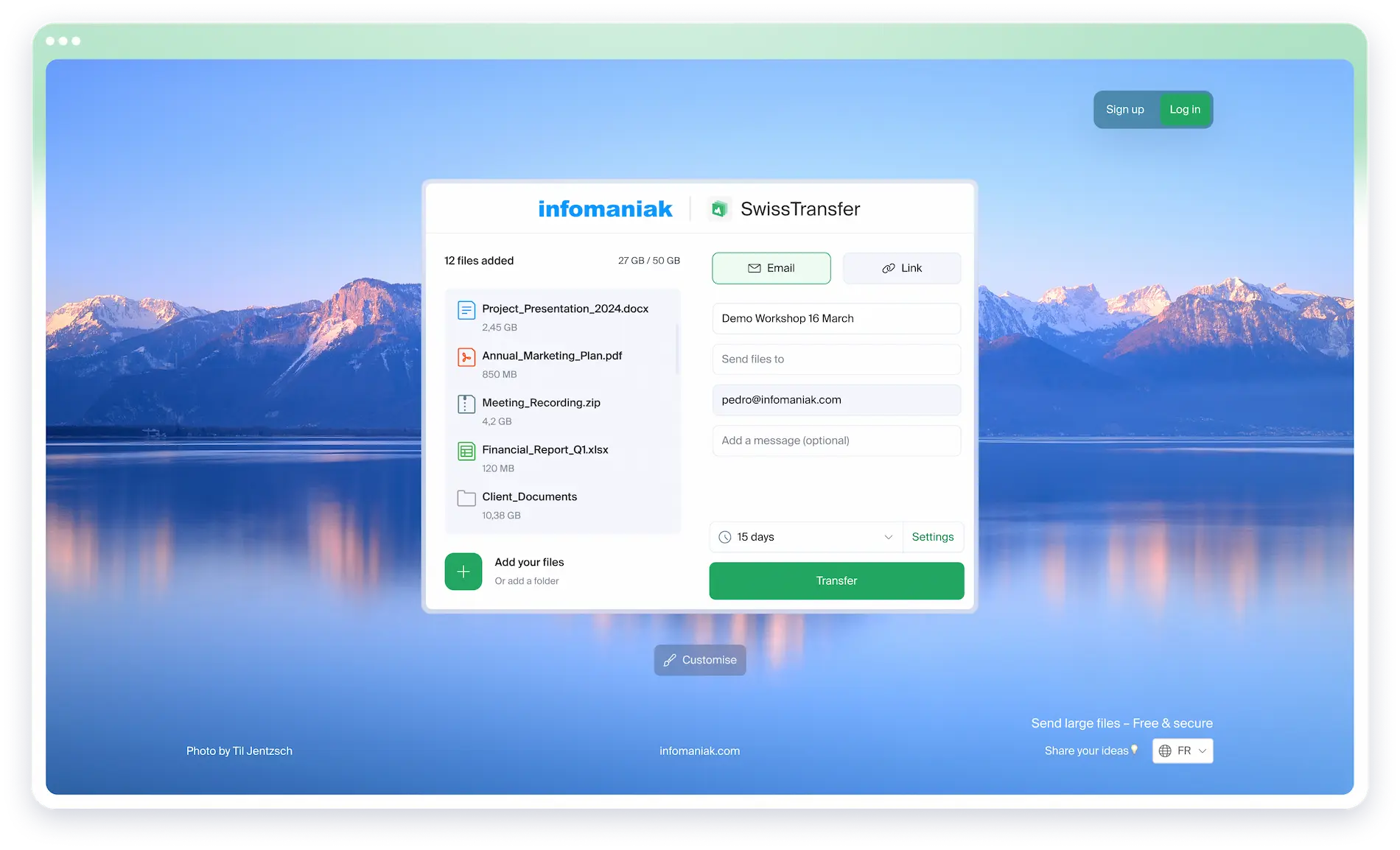 Interface de l'envoi de fichiers