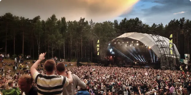 Image illustrant un évènement festif, avec un concert en plein air avec une foule enthousiaste.