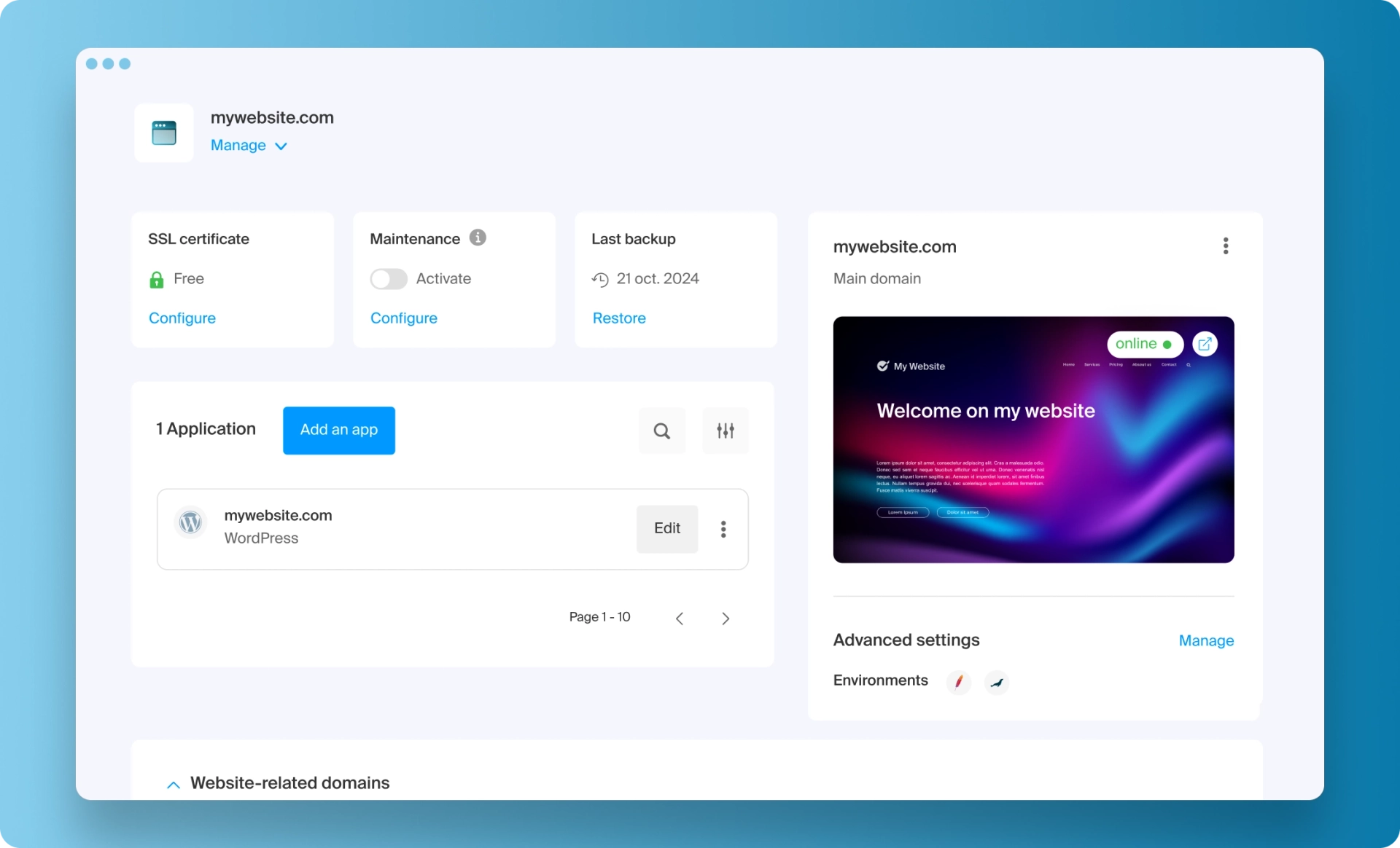 Website management interface displaying information on the SSL certificate, maintenance, backups and installed applications, with a visual overview of the site on a clean blue background.