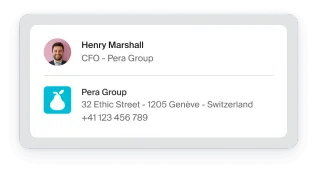 Informationskarte, auf der das Profil von Henry Marshall, CFO von Pera Group, mit der Adresse des in Genf, Schweiz, ansässigen Unternehmens und einer Kontakttelefonnummer angezeigt wird.