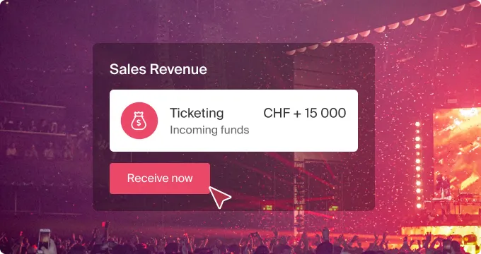 Visuel d'une interface affichant un revenu de billetterie de CHF 15 000 avec un bouton pour recevoir les fonds, sur fond de concert en salle.