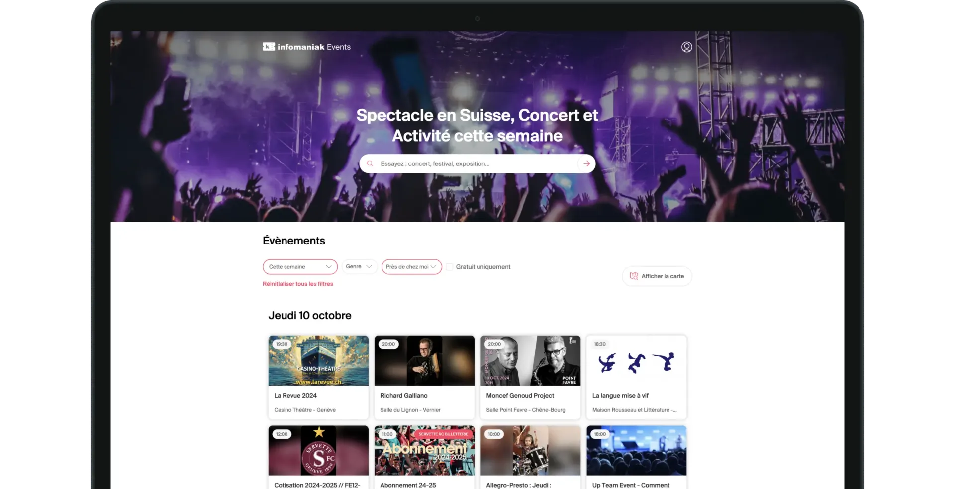 Capture d’écran d’une page web présentant des évènements en Suisse, tels que concerts et spectacles, avec des options de recherche et des filtres pour trouver des activités cette semaine.