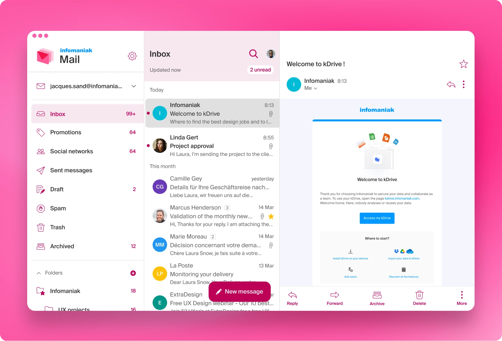 Email inbox interface organised in three columns: inbox folder on the left, list of emails in the center, and preview of a selected email on the right, against a modern pink background.