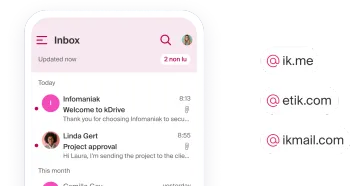 Mobile interface for an email inbox with a clean design on a pink background, featuring customised domains such as @ik.me, @etik.com and @ikmail.com.