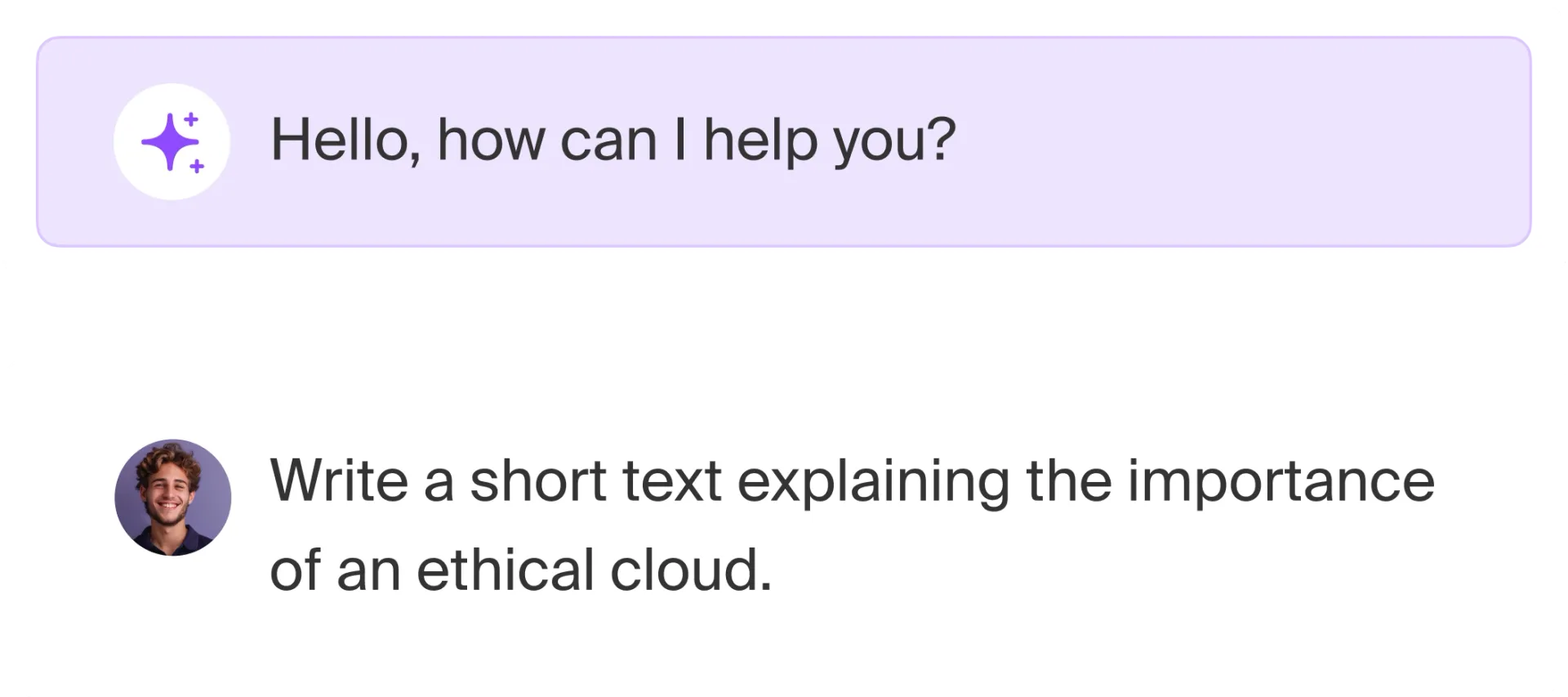 Capture d'écran d'une interface d'assistant à la rédaction, où l'utilisateur demande un texte expliquant l'importance d'un Cloud éthique, et l'assistant propose une réponse.