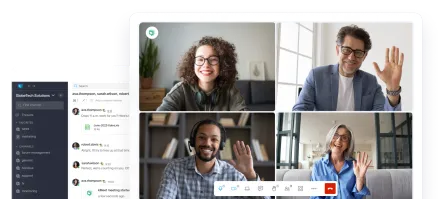 Screenshot of a videoconference meeting with four smiling participants greeting each other, accompanied by a messaging interface in the background against a modern purple background.