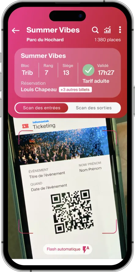 Interfaccia mobile che visualizza l'applicazione di gestione degli eventi Infomaniak Ticketing, con opzioni per la scansione delle entrate e delle uscite e informazioni sulla prenotazione dei biglietti.